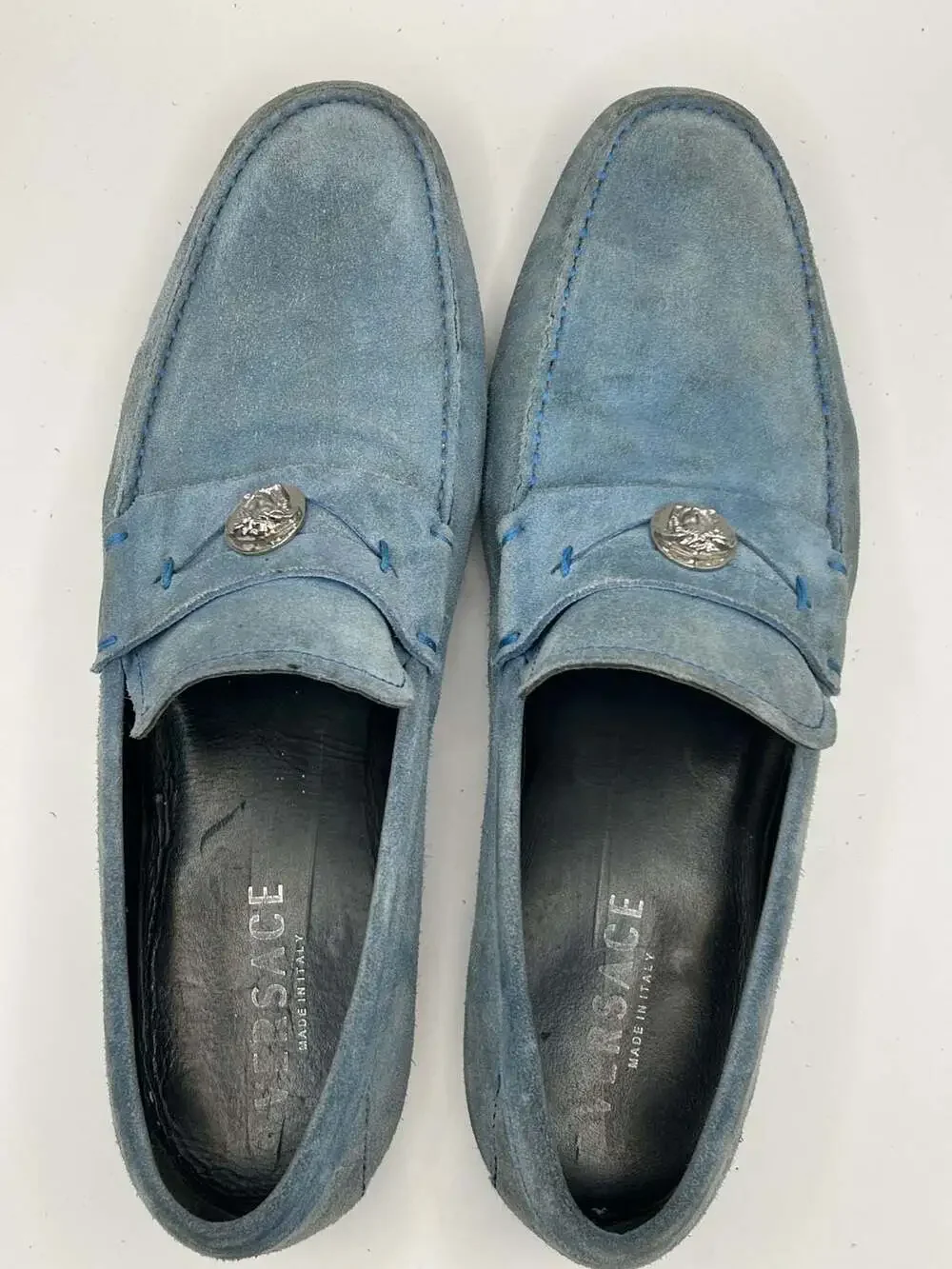 Versace Men's Blue Suede Medusa Plaque Driver Loafers